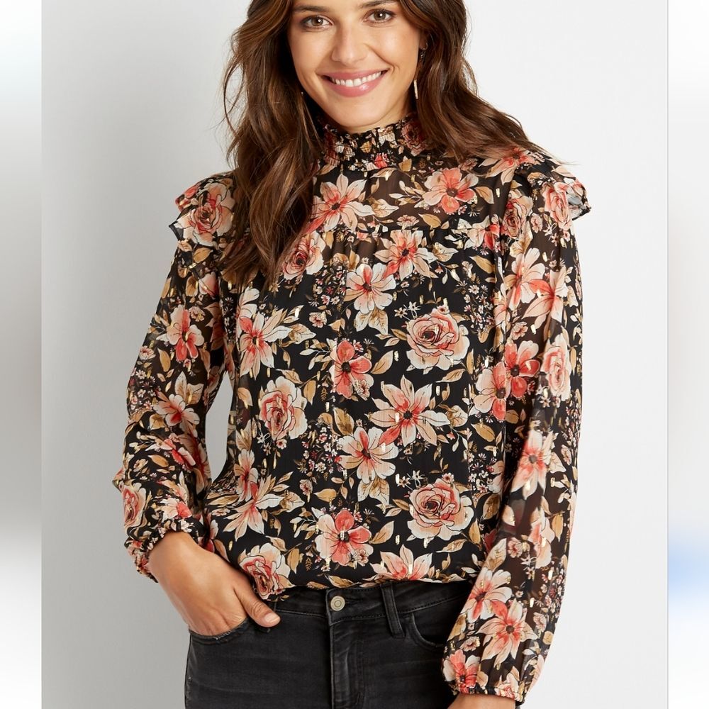 Maurice's Black Floral Smocked Sheer Shimmer Neck Long Sleeve Blouse Size OX